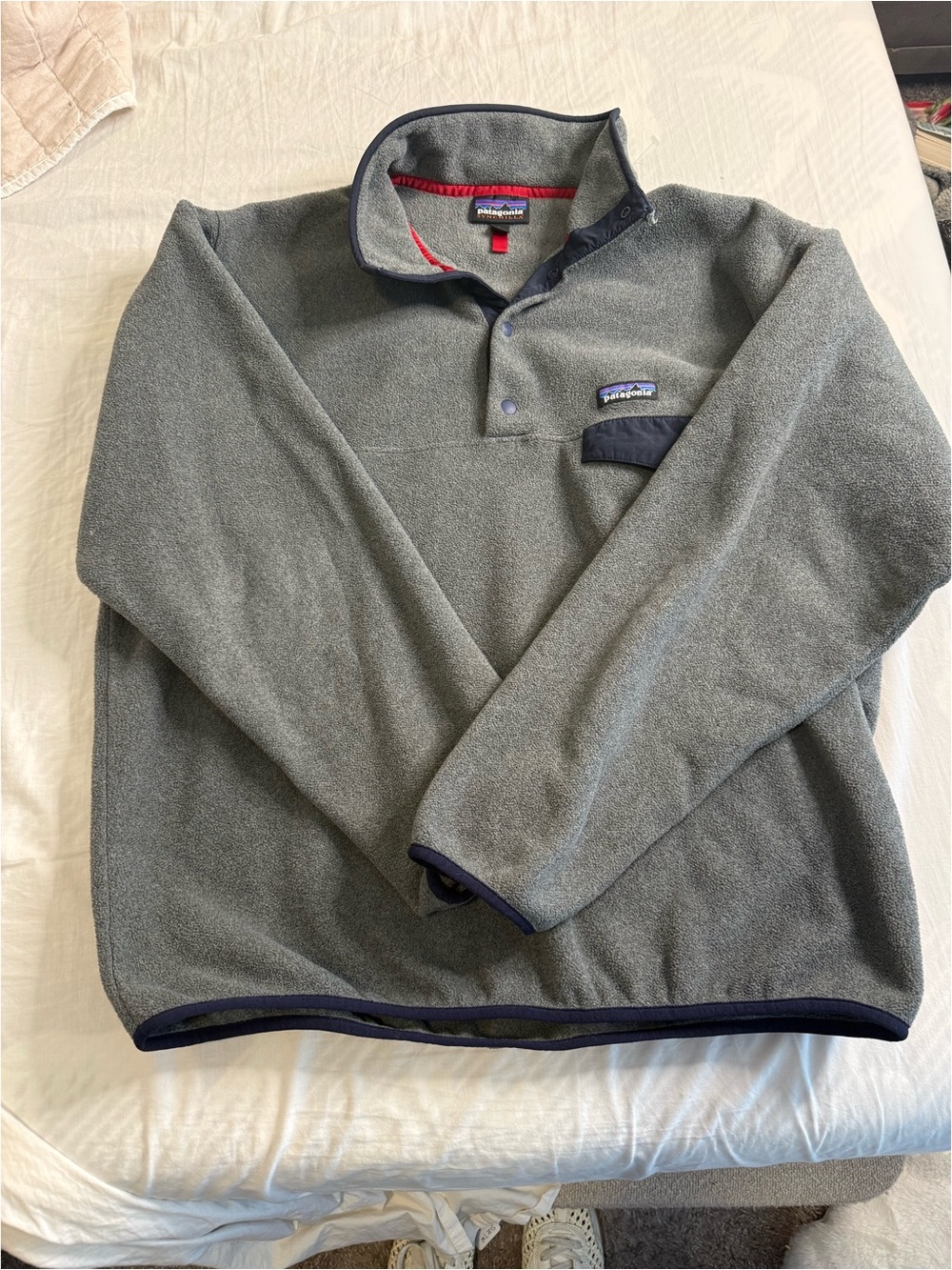 Patagonia Men's Grey Fleece Snap Pullover with Navy Trim